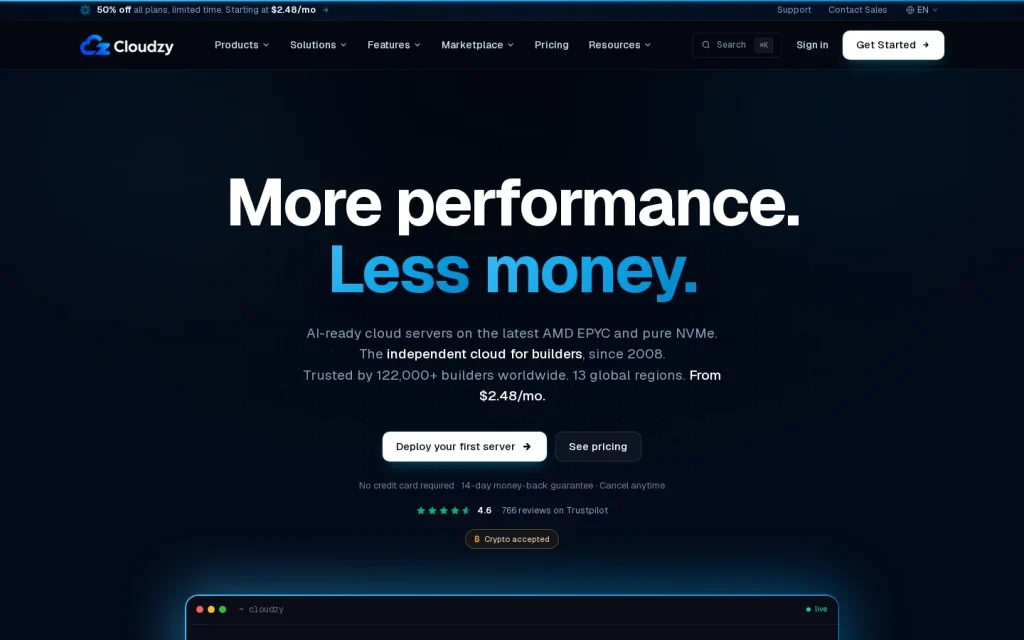 Cloudzy homepage hero section