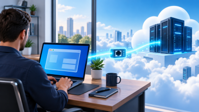 Professional using a laptop to connect to a cloud-hosted Windows VPS through RDP
