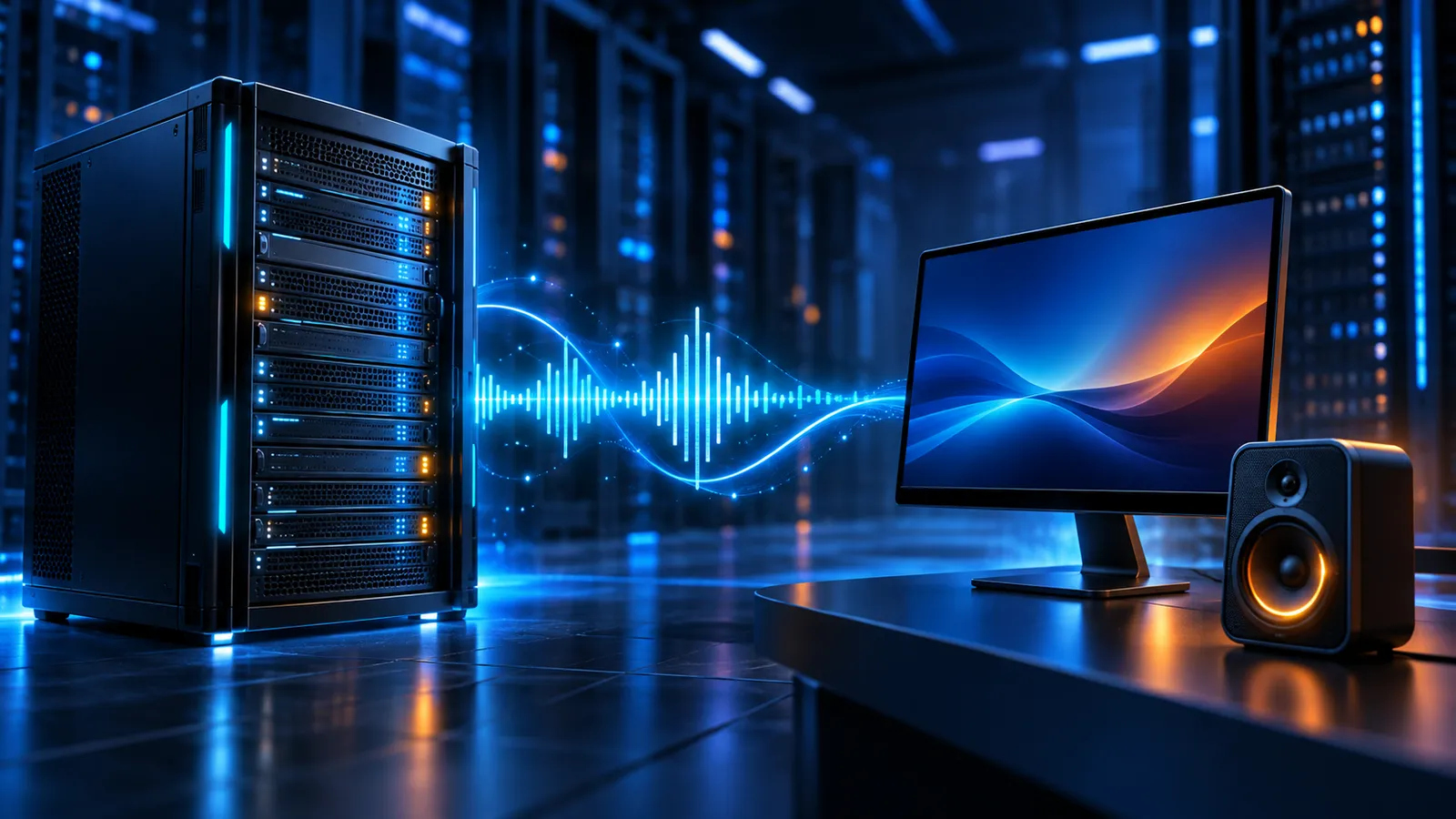 A glowing audio wave travels from a Windows server rack toward a remote desktop.