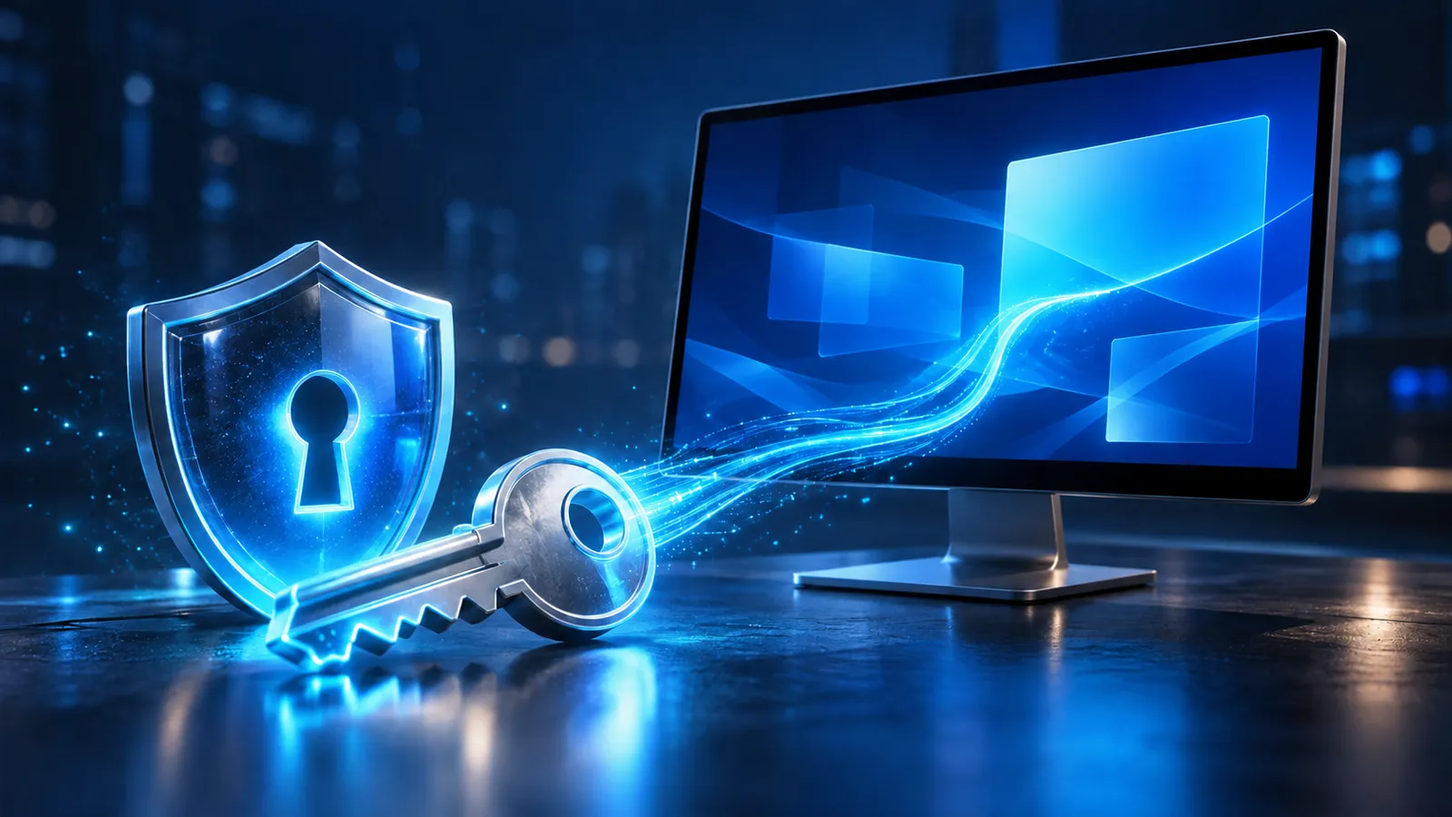 A glowing key and shield hover in front of a secure Windows desktop and remote connection.