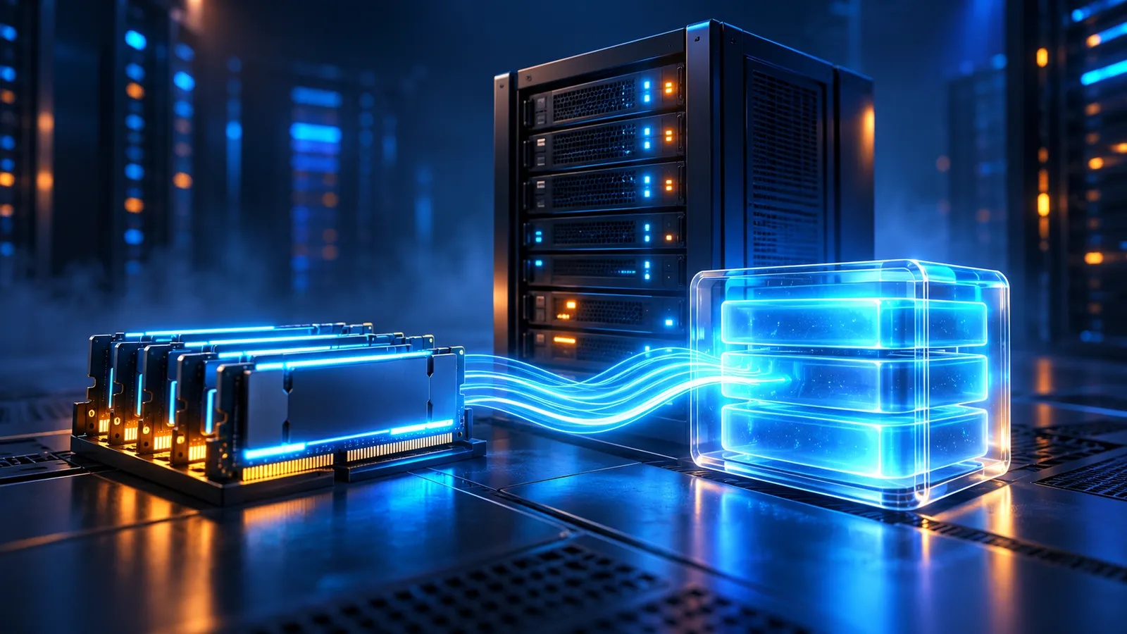 A glowing swap file represented by a storage block beside a midnight-blue Linux server.
