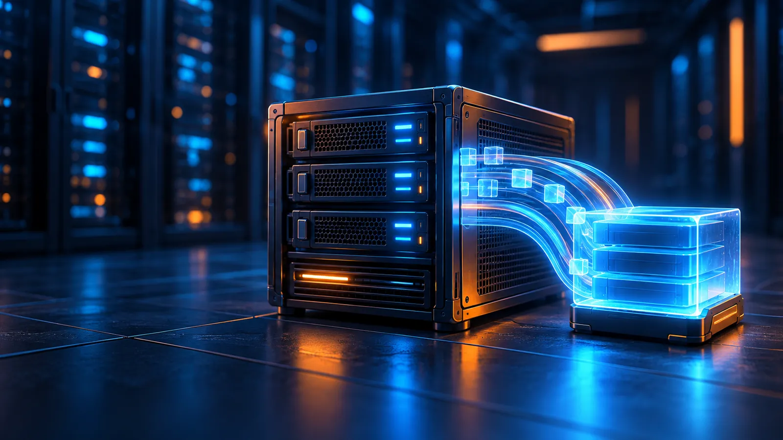 A glowing swap file represented by a storage block beside a midnight-blue Linux server.