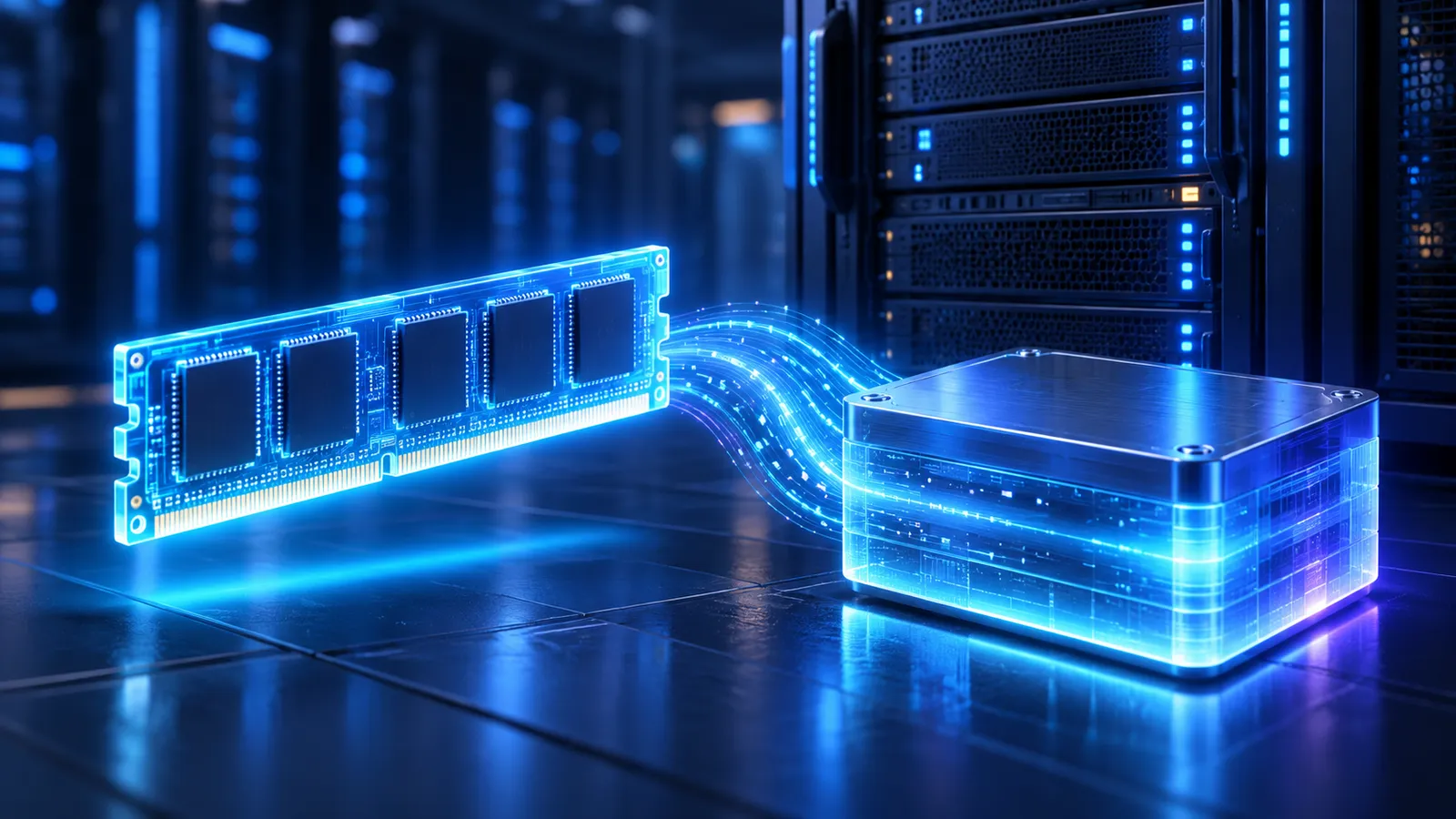 A glowing swap file represented by a storage block beside a midnight-blue Linux server.