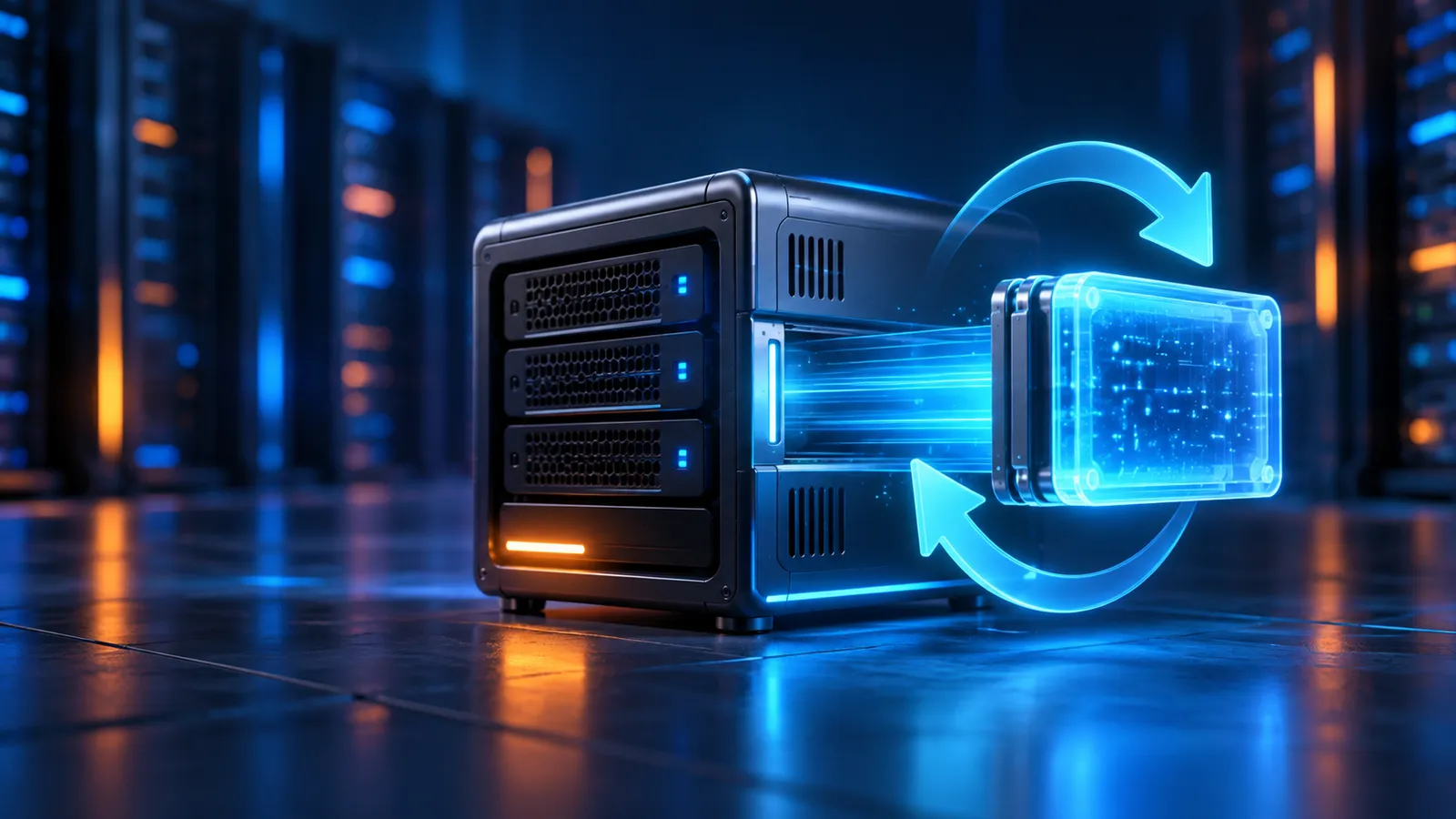 A glowing swap storage block is being added to a dark Linux server in a blue-lit server room.