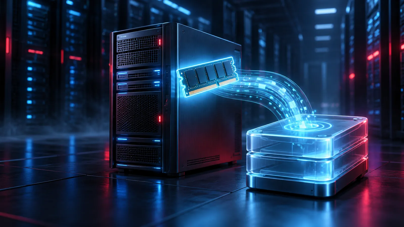 A glowing swap file block beside a Debian server with subtle red accents on a midnight-blue background.