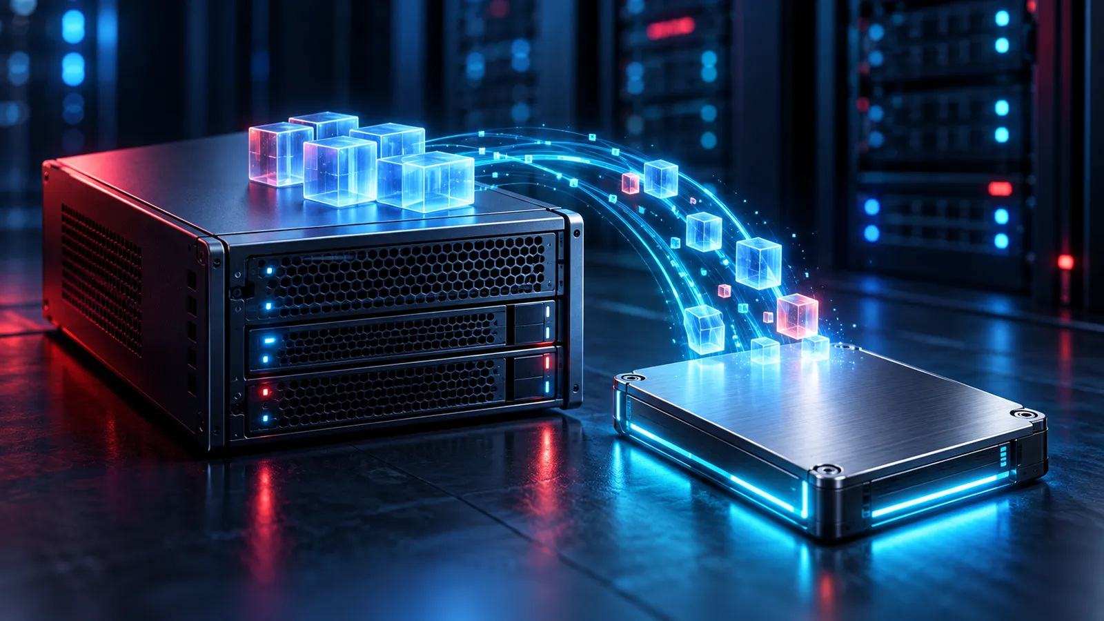 A glowing swap storage block beside a Debian server with deep red accents on a midnight-blue background.