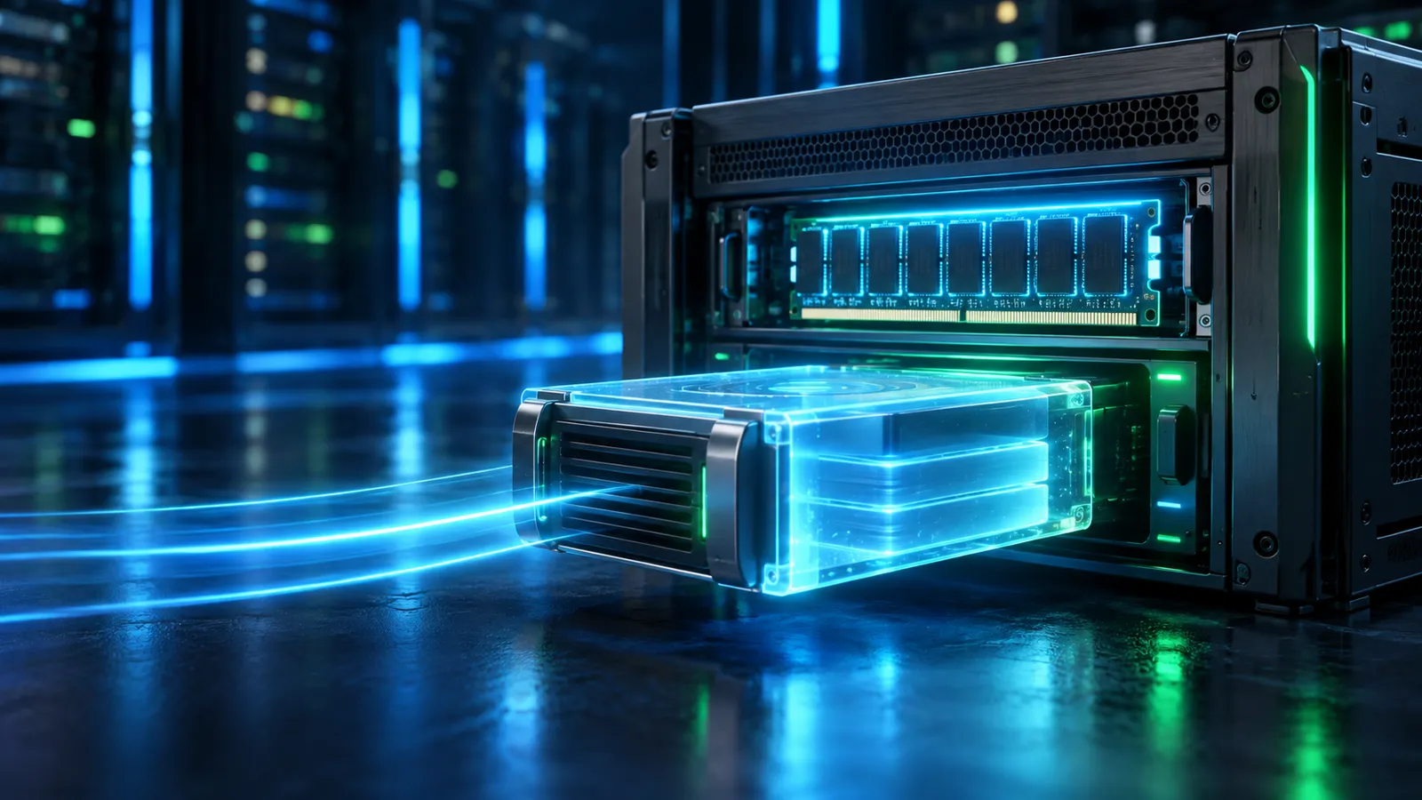 A glowing swap storage block beside a Rocky Linux server with green accents on a midnight-blue background.