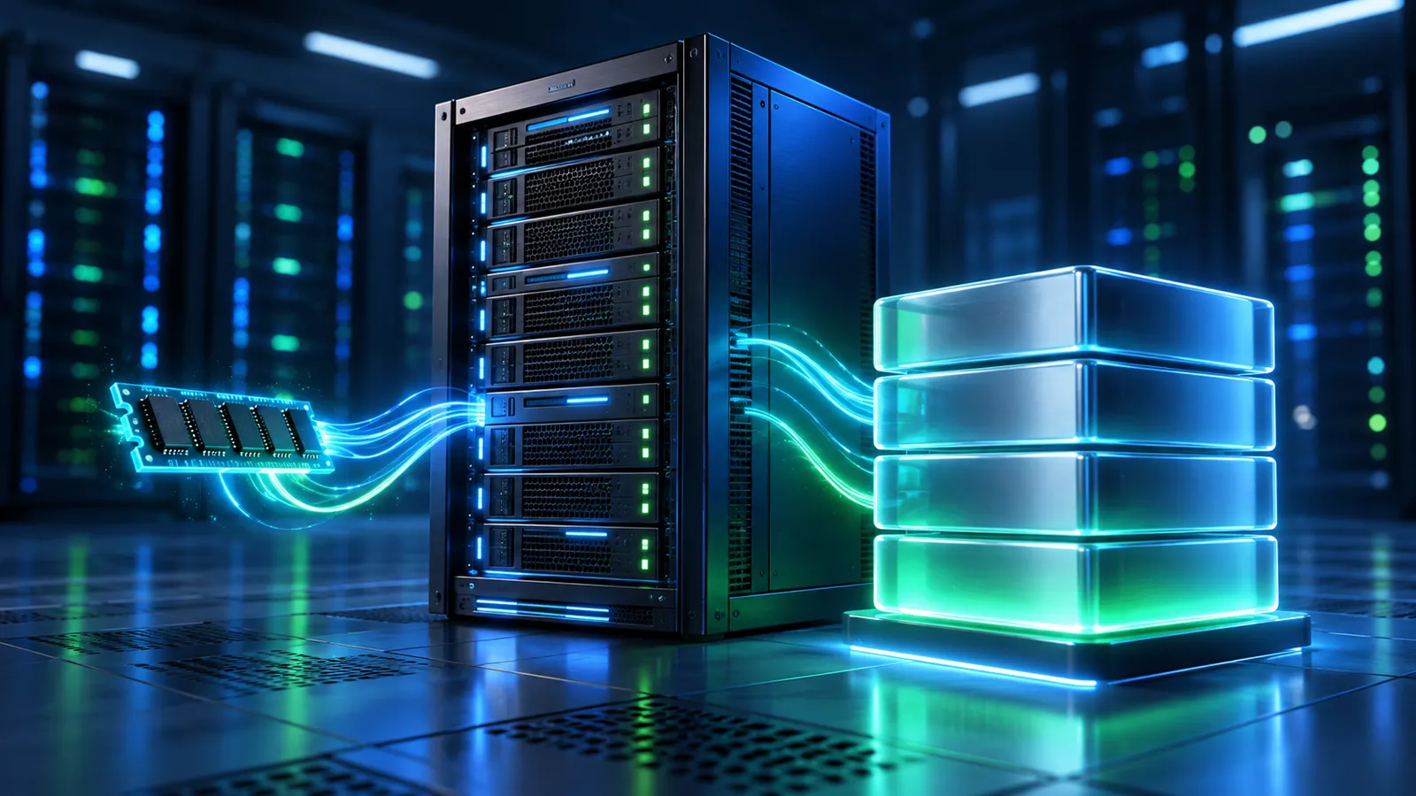 A glowing swap storage block beside a Rocky Linux server with green accents on a midnight-blue background.