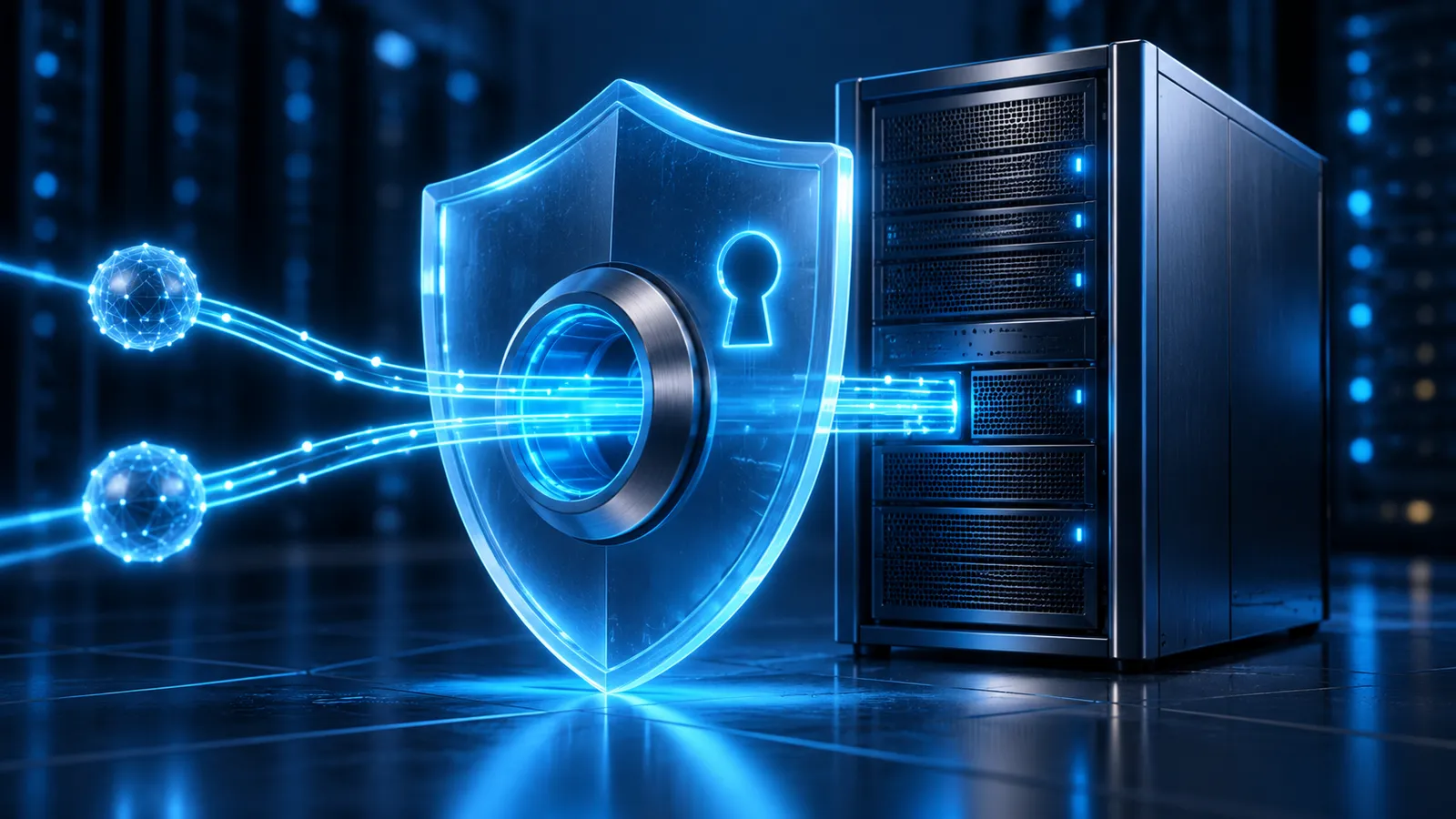 A glowing blue firewall shield protects a Windows server from incoming network connections.