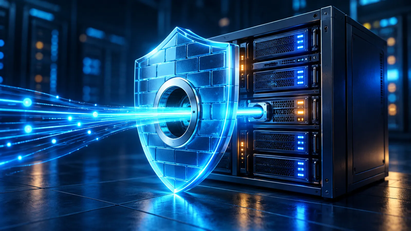 A glowing cyan firewall shield controls a network gateway in front of a Windows server rack.