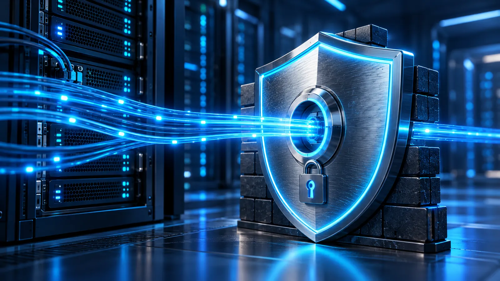 A glowing blue firewall shield stands between a Windows server and an incoming network connection.