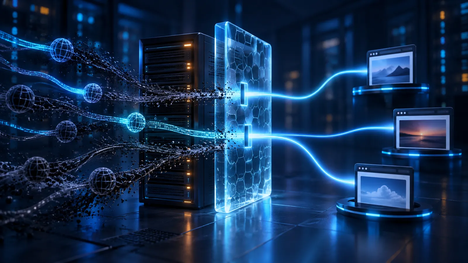 A Windows server behind a glowing blue barrier with a few secure website pathways passing through.