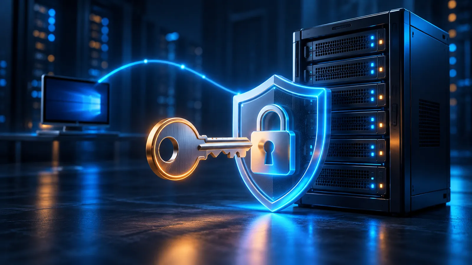 A glowing key and shield protect a Windows Server rack during a remote password change.