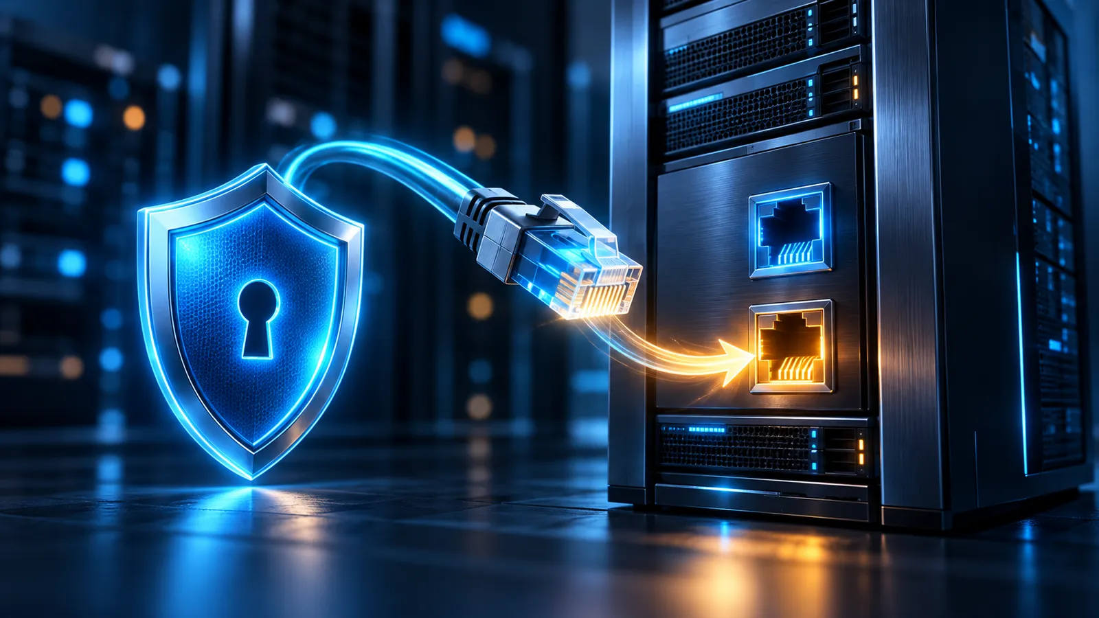 A glowing network connector moves toward a secure server beside a blue shield.