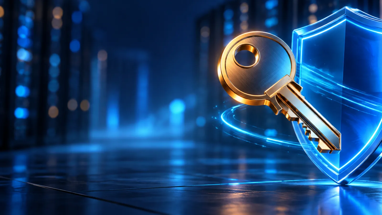 A glowing key and blue shield stand in front of a secure Windows server rack.