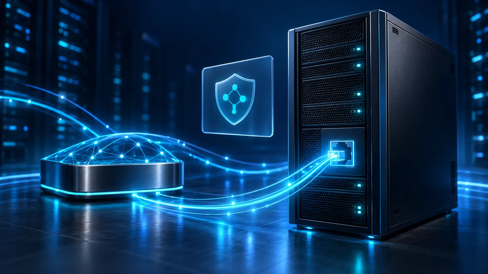 A dark server connects to a glowing network gateway with blue light trails.