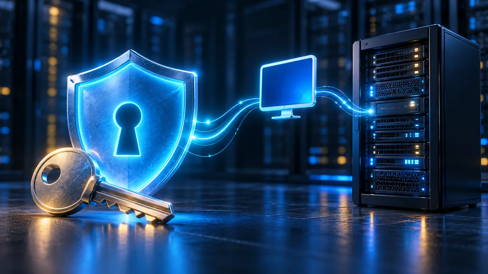 A glowing blue shield and key protect a Windows server while a remote desktop connection is restored.