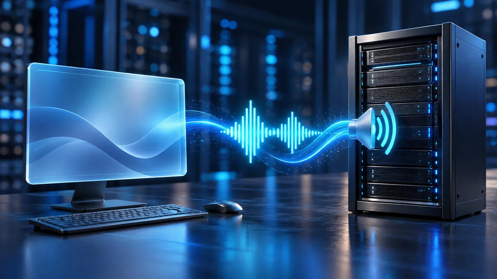 A glowing audio wave connects a Windows-style remote desktop window to a server rack.
