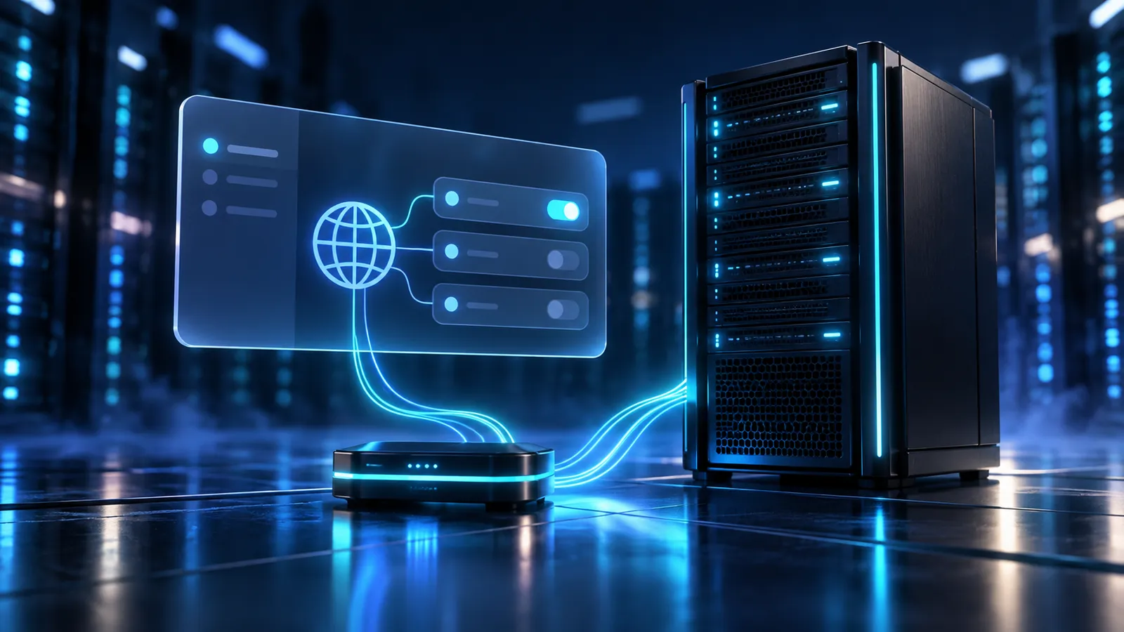 A Windows server connects to a glowing IPv6 network through a blue desktop panel.