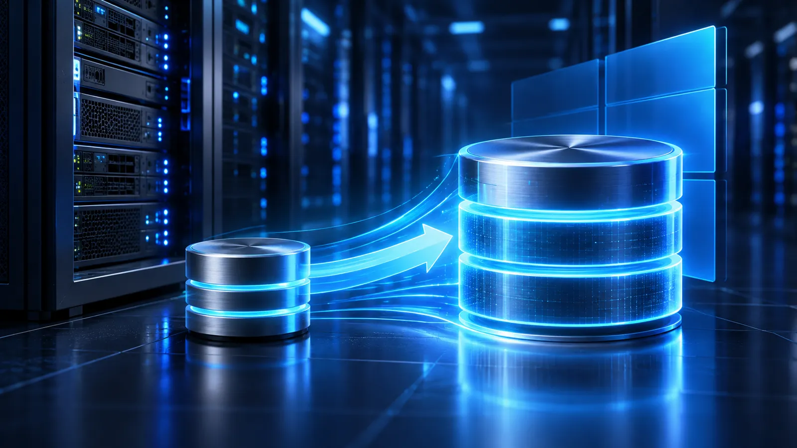 A glowing storage drive expands beside a Windows server rack on a dark blue background.