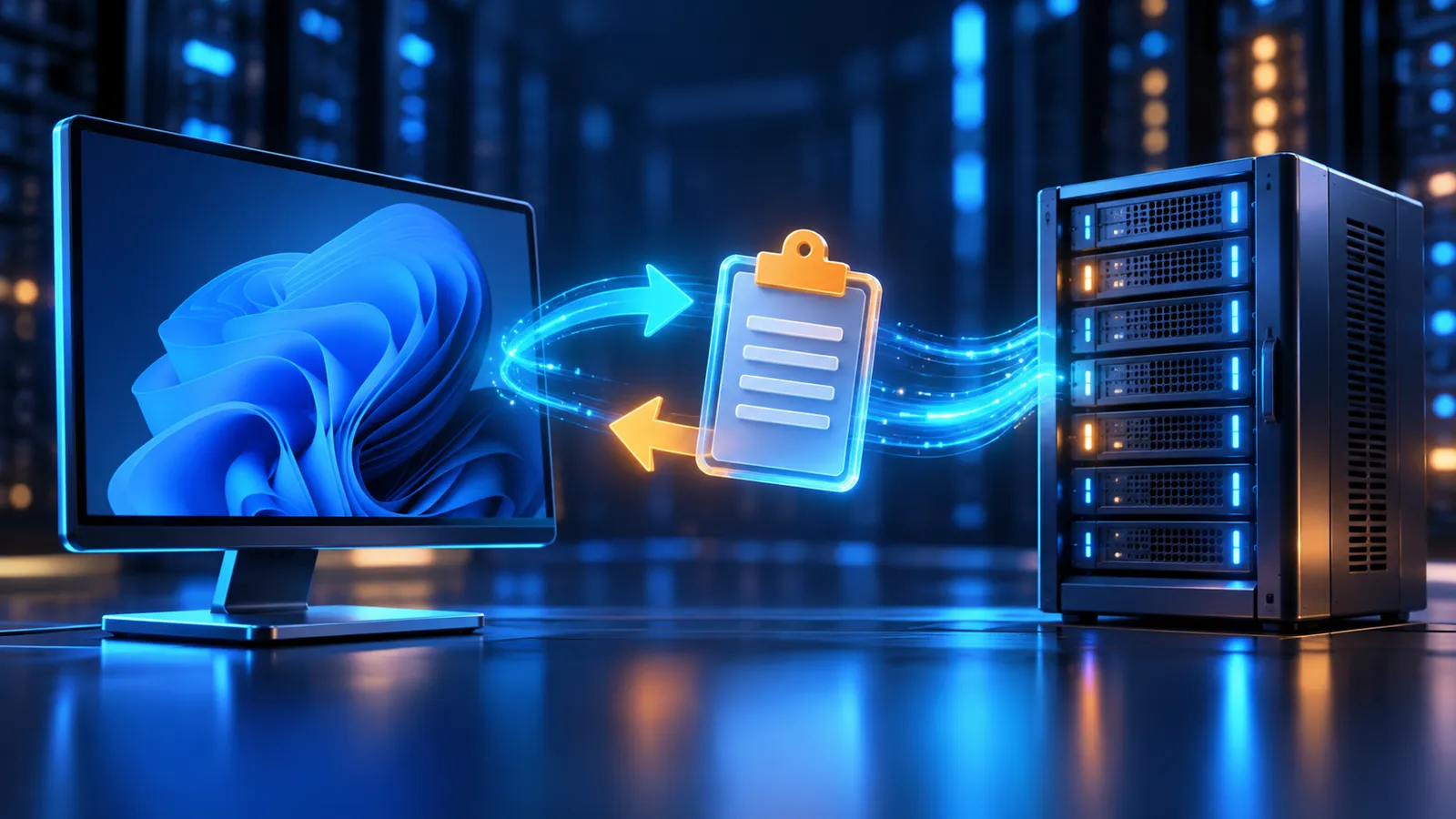 A glowing clipboard transfers data between a Windows desktop and a blue-lit server rack.