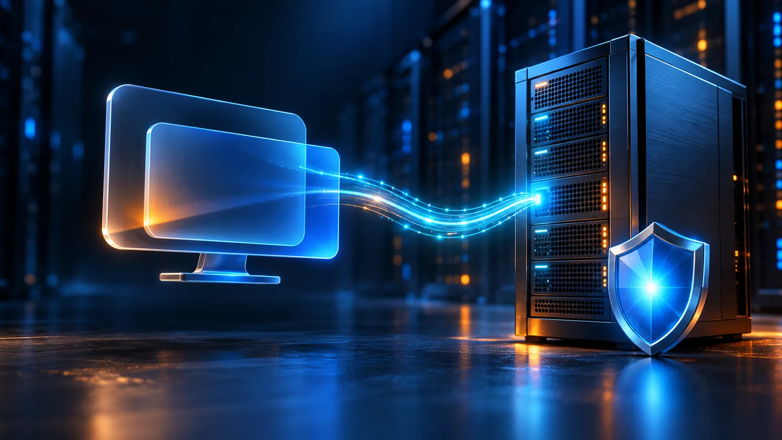 A glowing remote desktop connection reaches a Windows server beside a blue shield on a dark navy background.