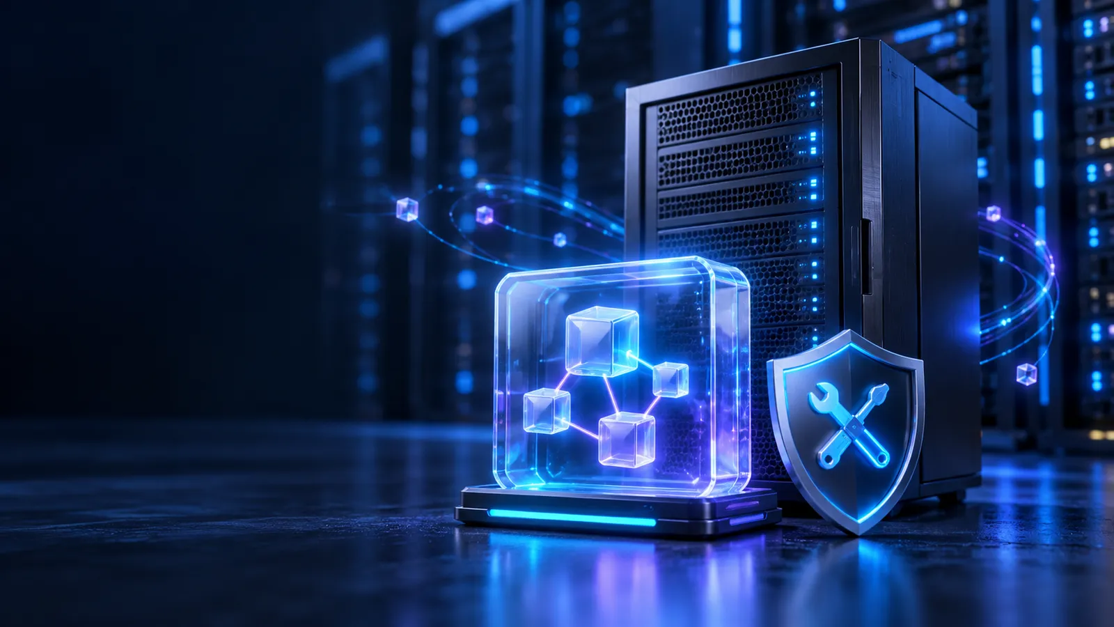 A glowing system library cube and repair shield sit beside a dark Windows server.