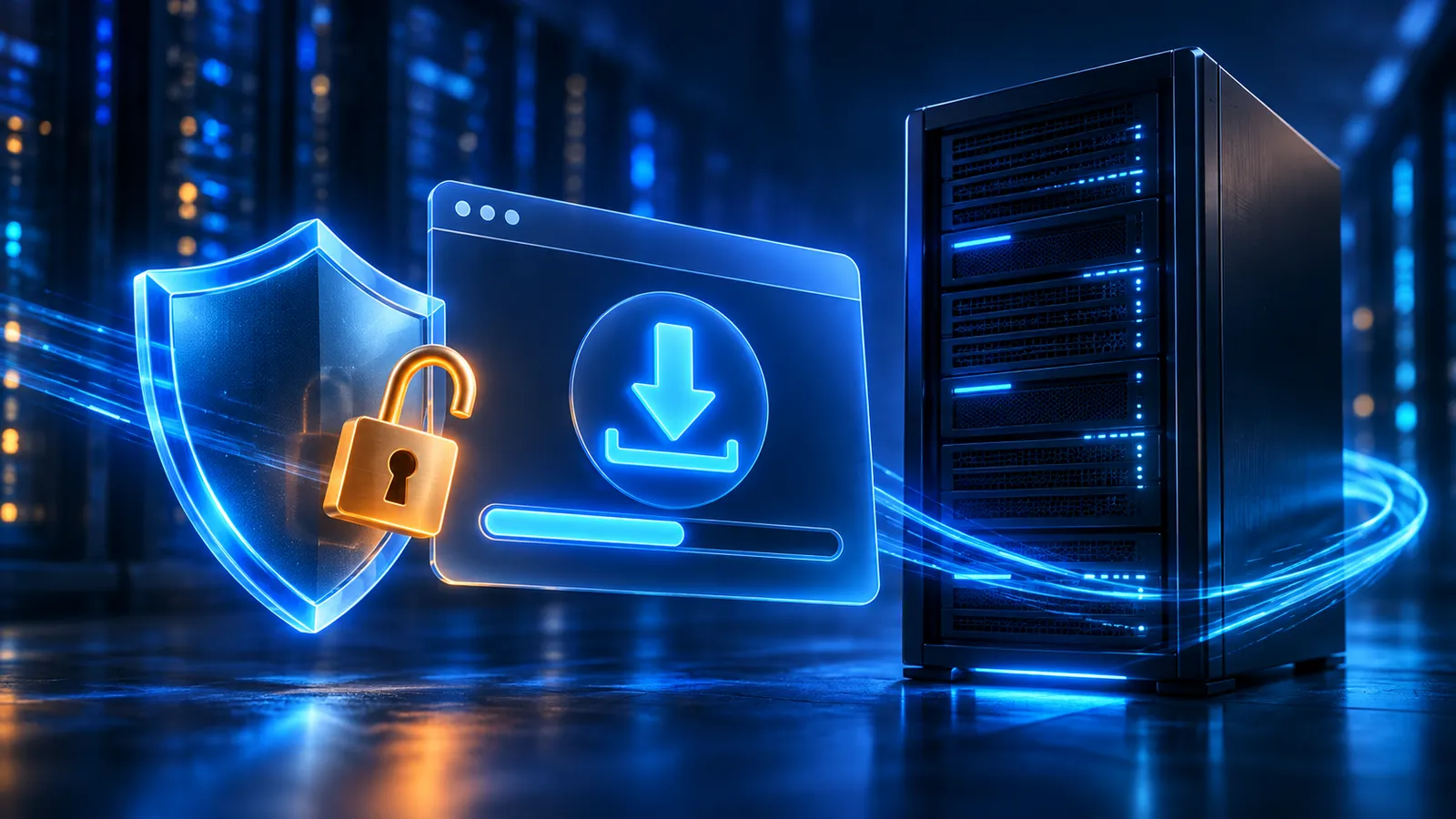 A glowing security shield and download arrow hover beside a blue-lit Windows server rack.