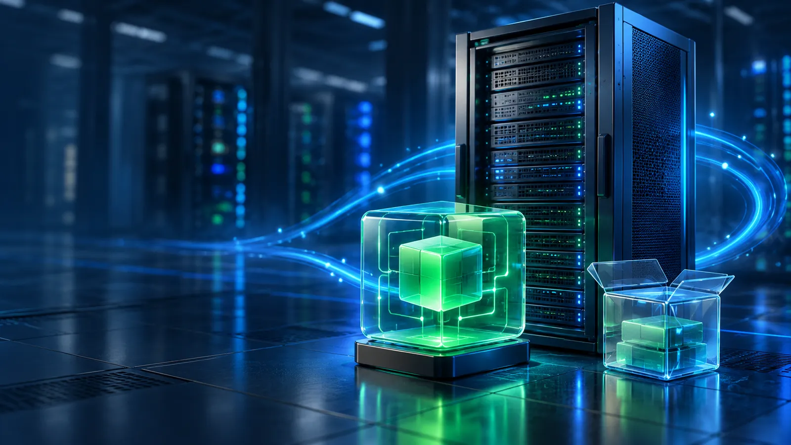 A glowing Node.js runtime cube sits beside a Windows server rack on a dark blue background.
