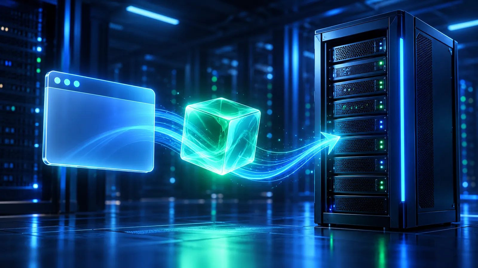 A glowing runtime cube sits beside a Windows server rack on a dark blue background.