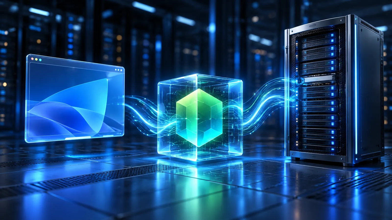 A glowing JavaScript runtime cube connects a Windows-style window to a blue-lit server rack.