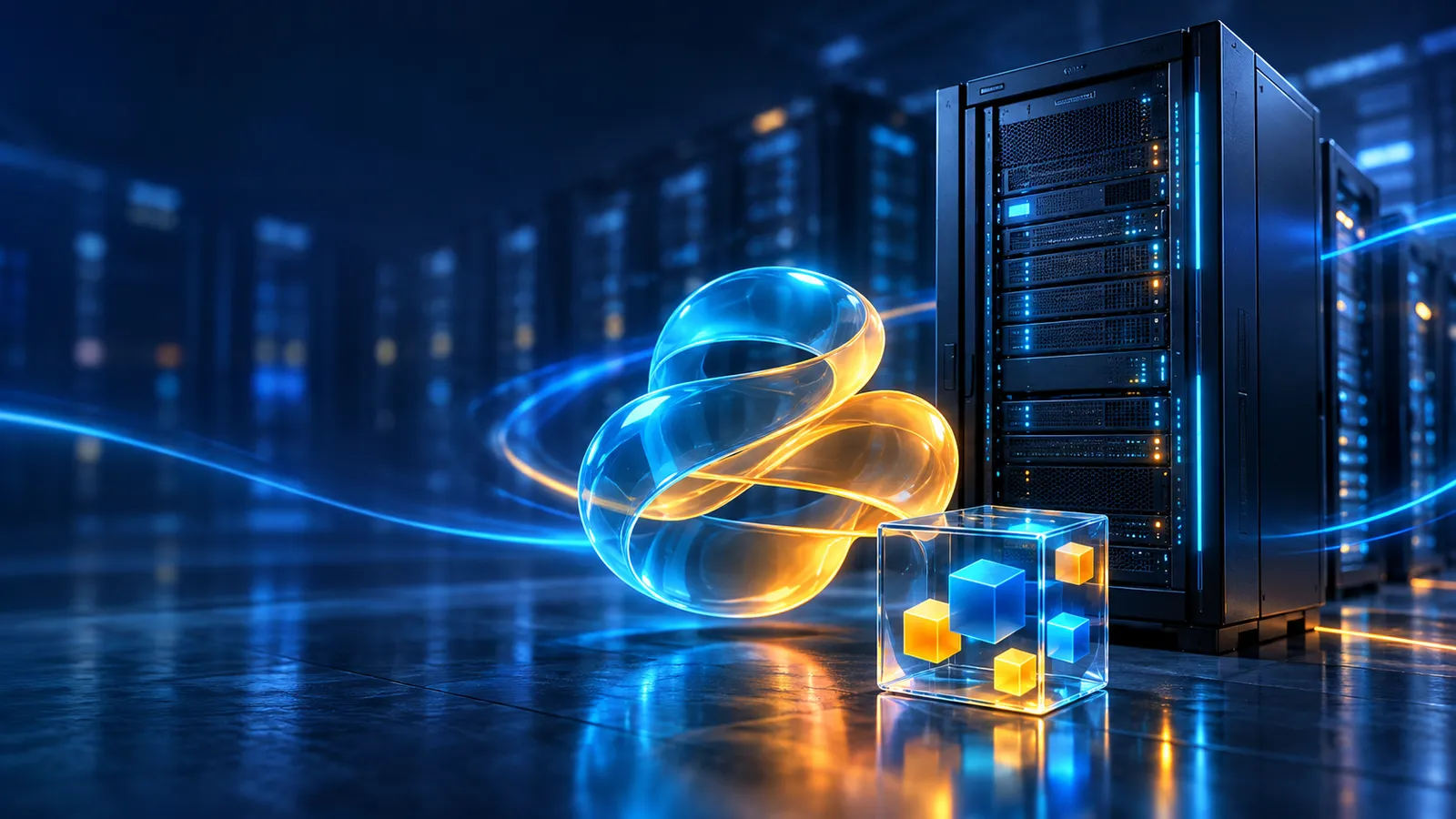 A glowing amber and blue programming ribbon floats beside a Windows server rack.