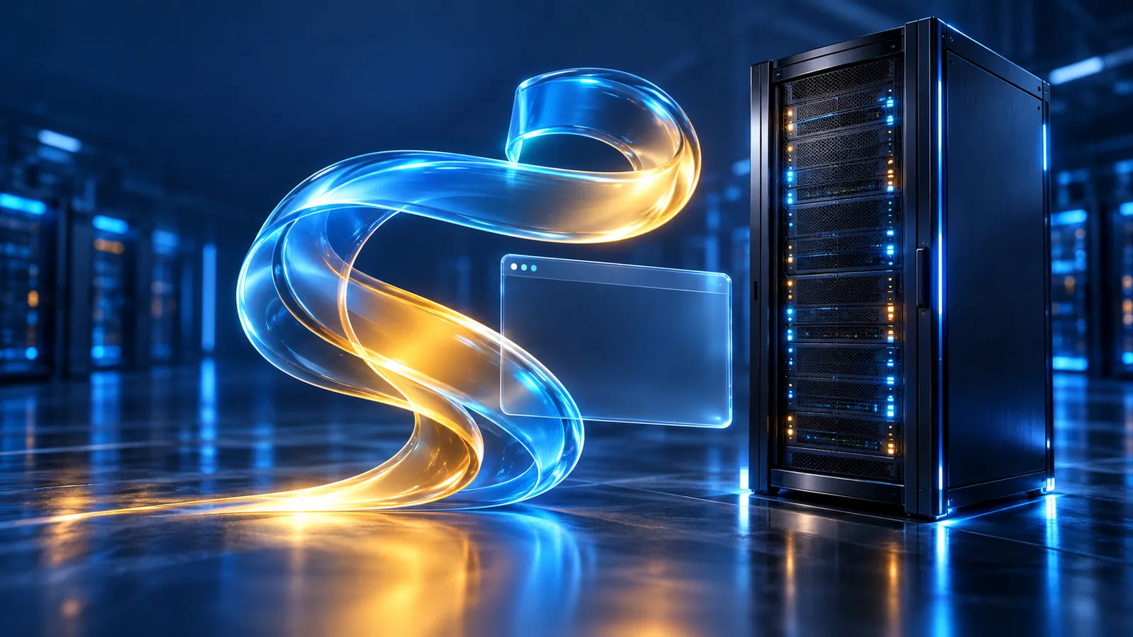 A glowing amber and blue programming ribbon floats beside a Windows Server rack.