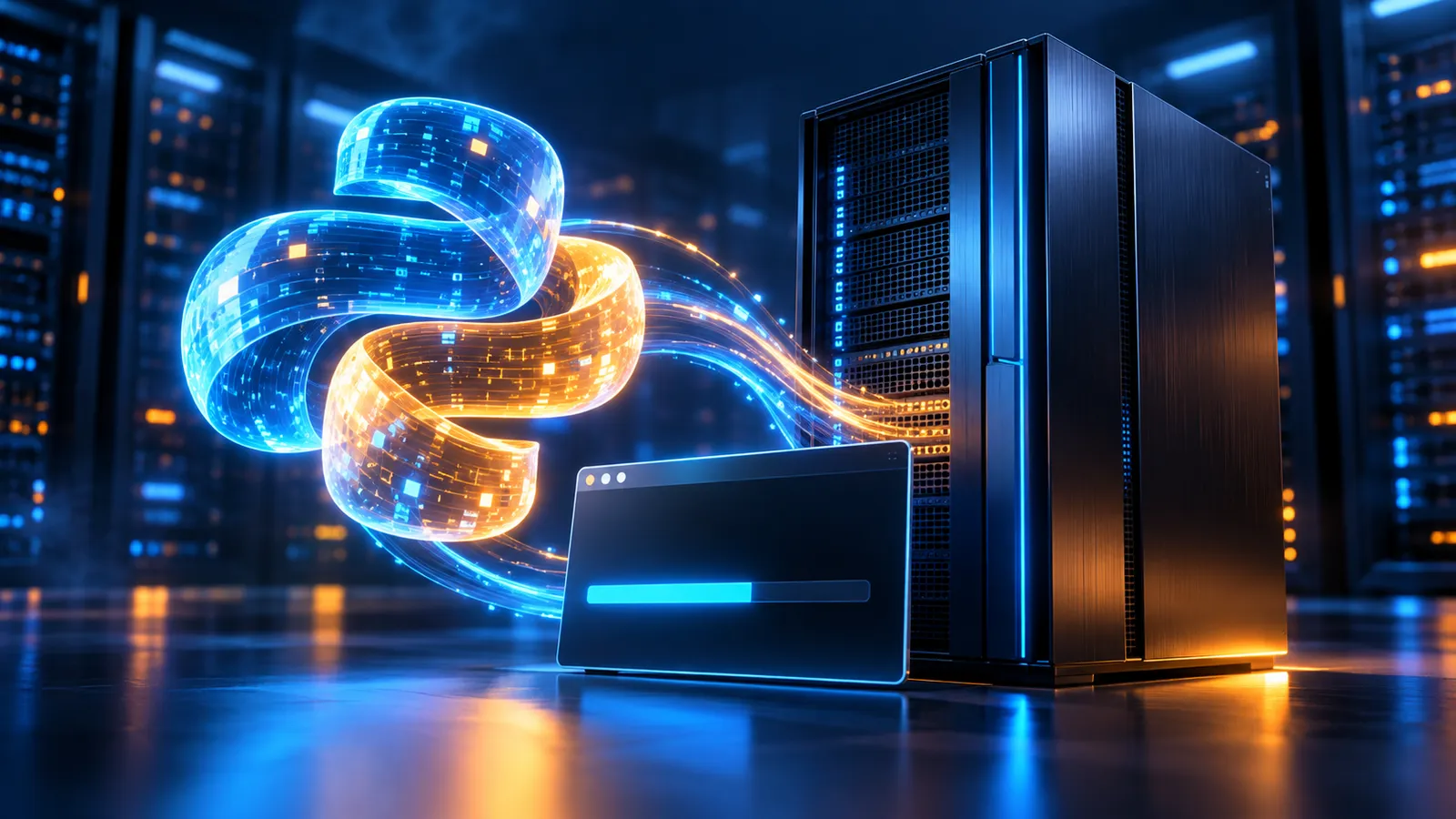 A glowing blue and amber programming ribbon floats beside a Windows Server tower in a dark data center.