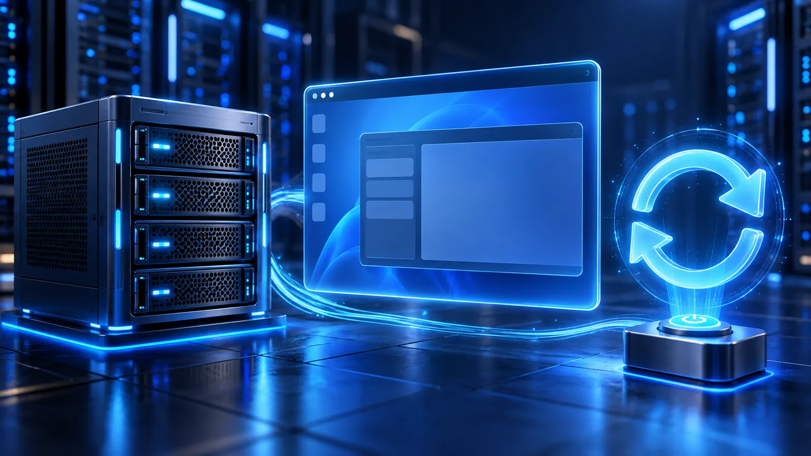 A glowing Windows-style desktop panel beside a server rack and circular reinstall arrow on a dark blue background.