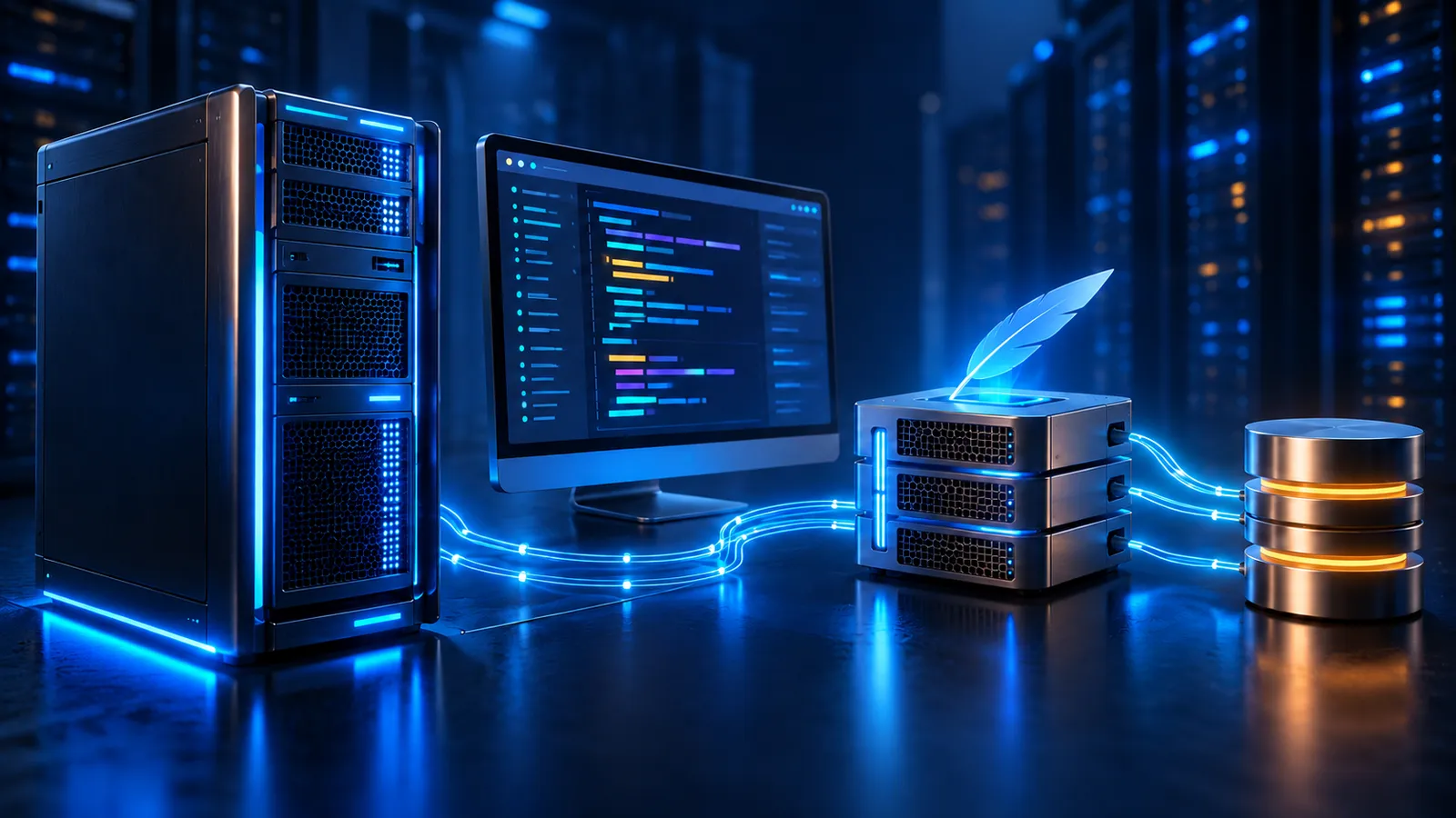 A glowing Windows-style web server panel sits beside an Apache tower and database cylinder in a dark blue data center.