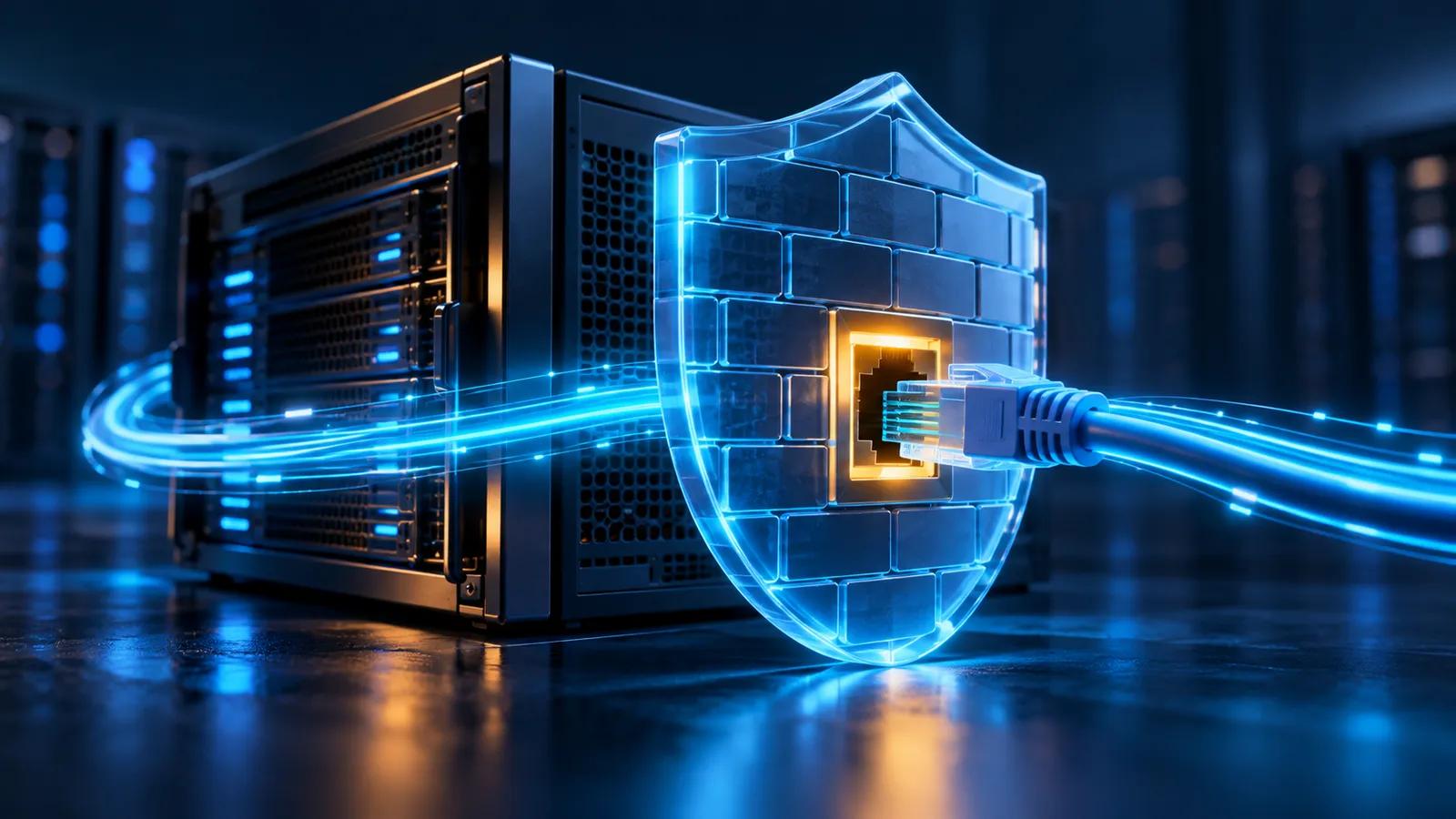 A glowing network port connects a Windows server to a blue firewall shield.