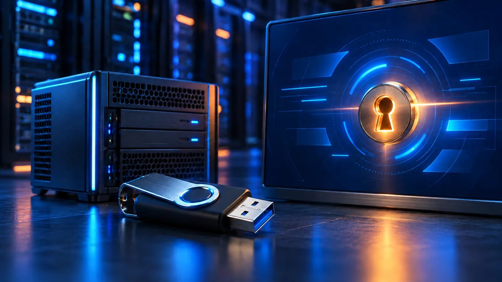 A glowing keyhole, rescue USB drive, and server chassis represent offline Windows password recovery.