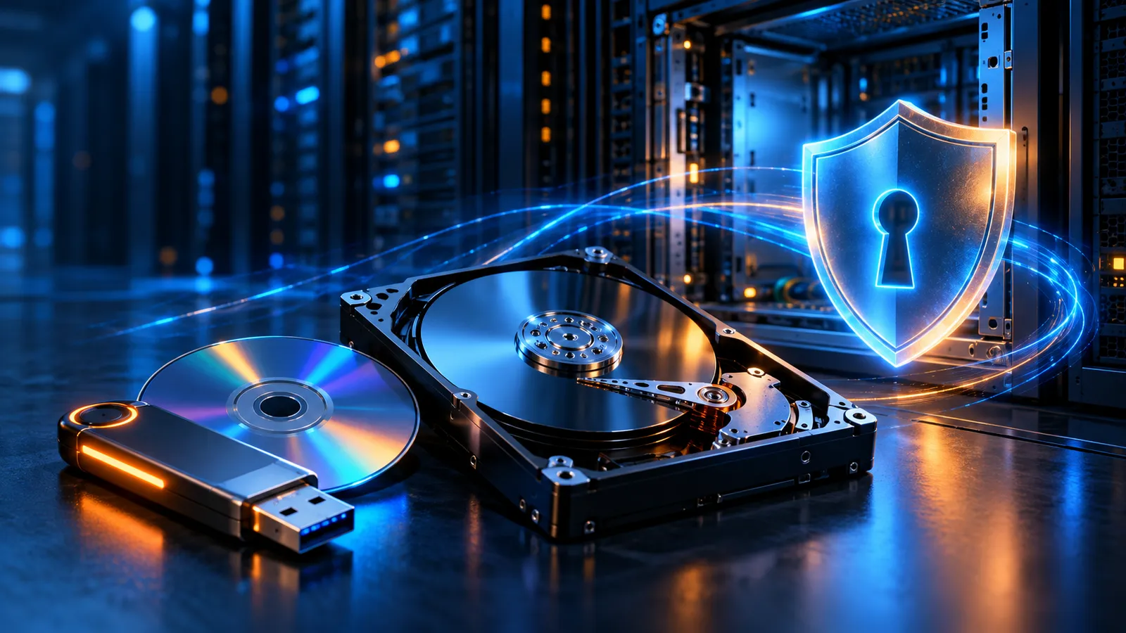 A rescue USB, server disk, and glowing keyhole represent offline Windows password recovery.