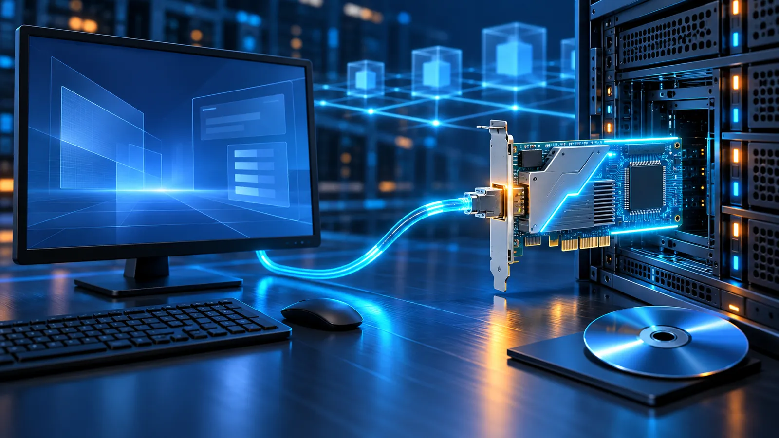 A glowing virtual network adapter connects a Windows server to a blue-lit infrastructure grid.