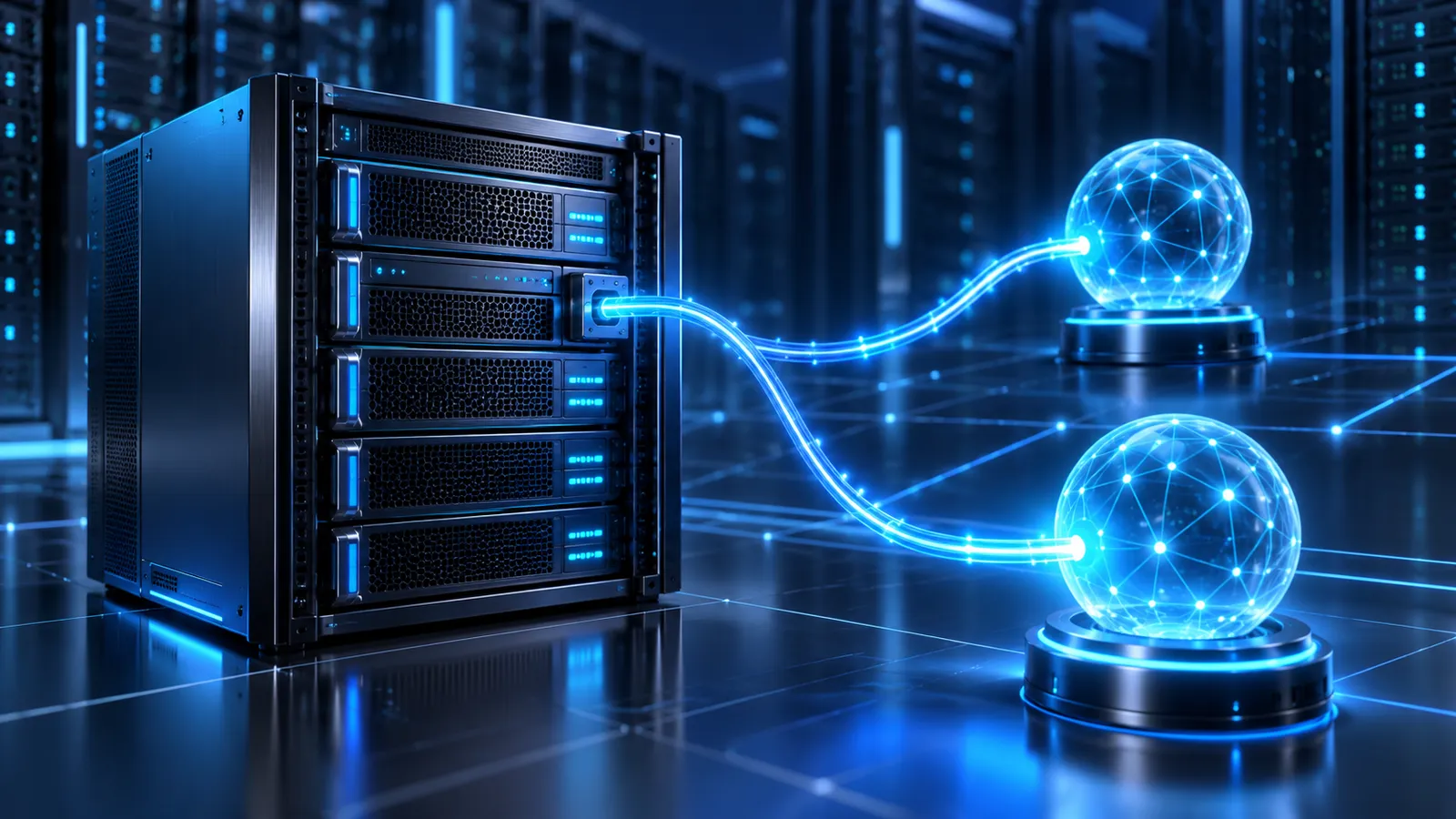 A Windows server network adapter connects a second glowing IPv4 node through a blue-lit data center.
