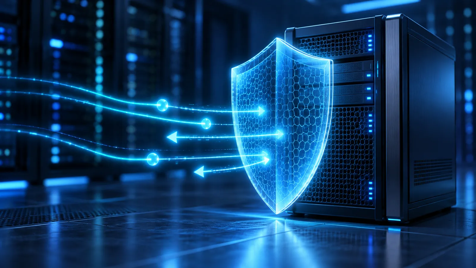 A glowing firewall shield protects a Windows server while cyan network pulses travel in both directions.