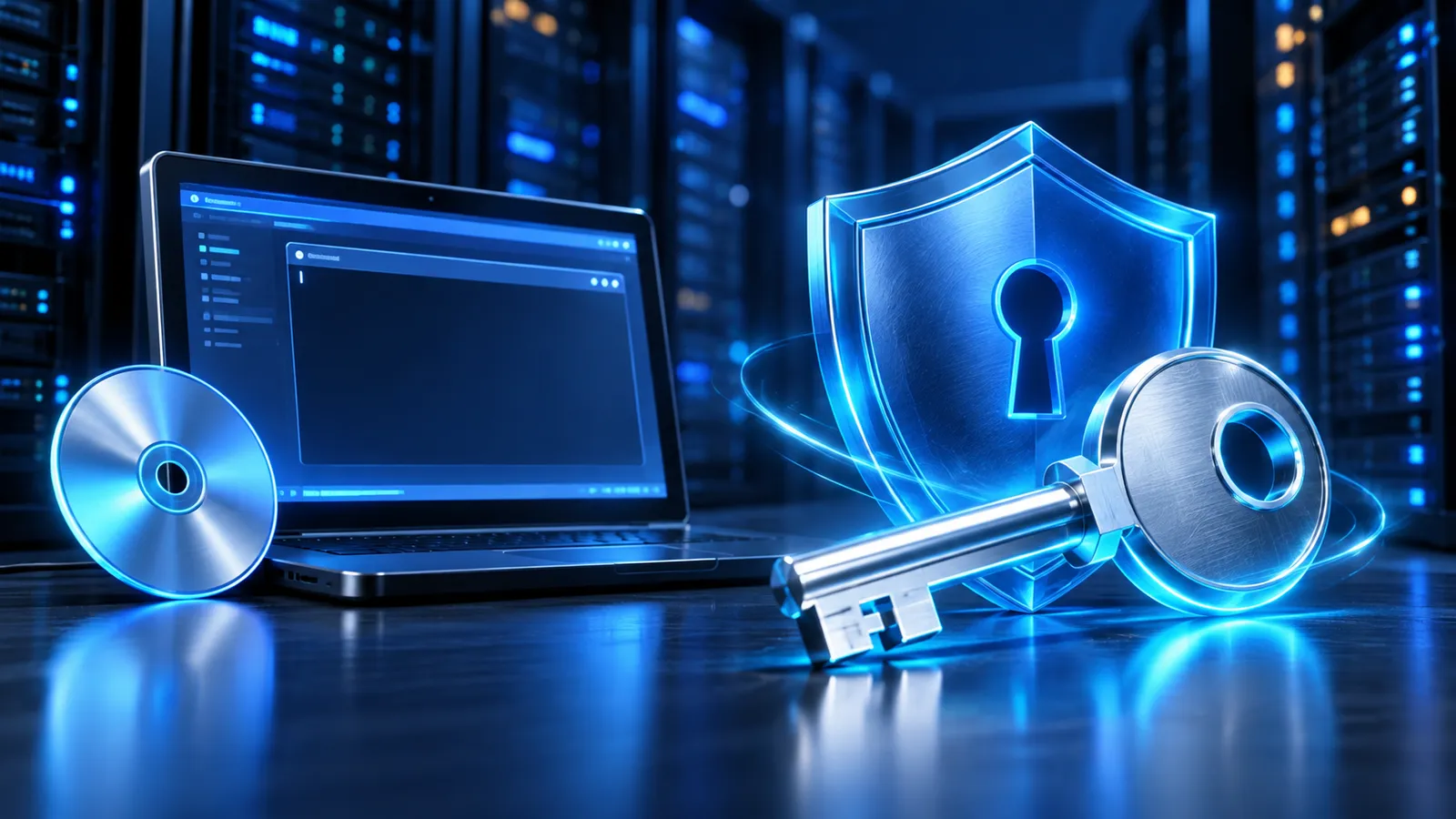 A glowing key and shield sit beside a recovery console and virtual server disc.