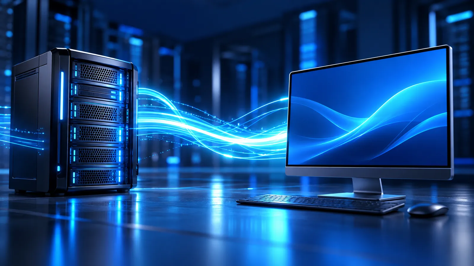 A glowing remote desktop window connects to a Windows server through blue and cyan light trails.
