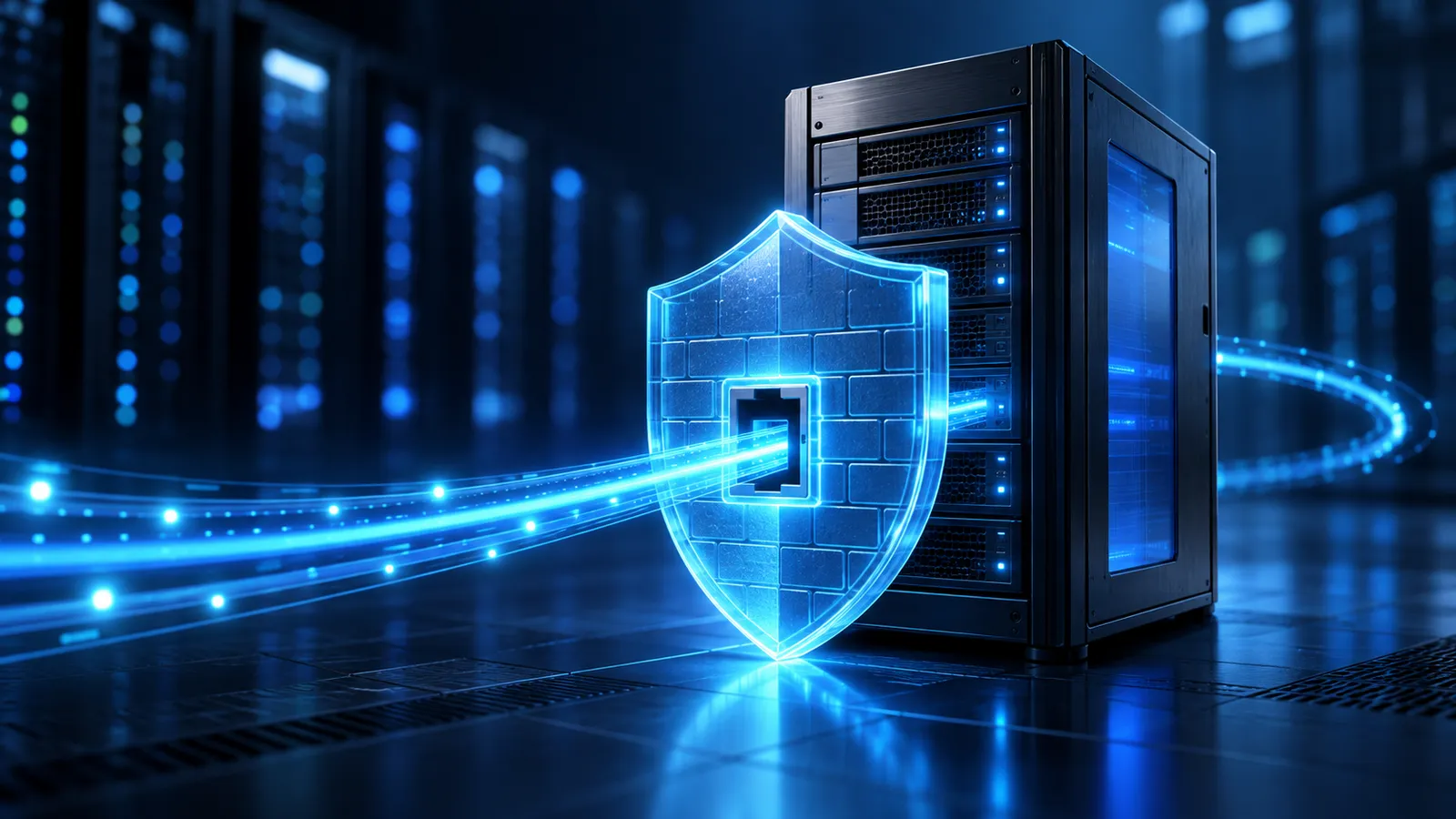 A glowing firewall shield guards a Windows server while a blue network connection passes through an open gateway.
