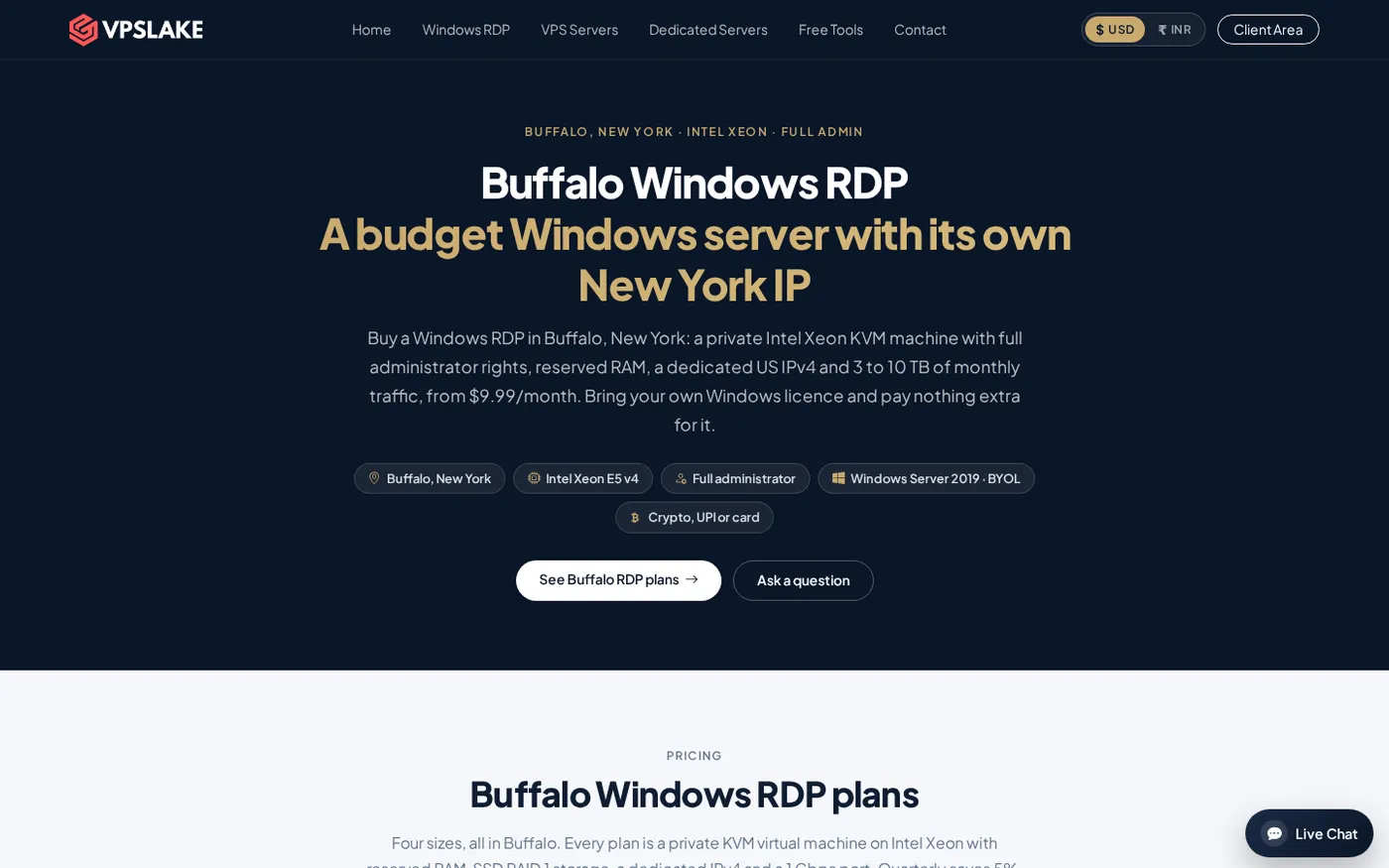 Buffalo Windows RDP plan table with the $9.99 4 GB option
