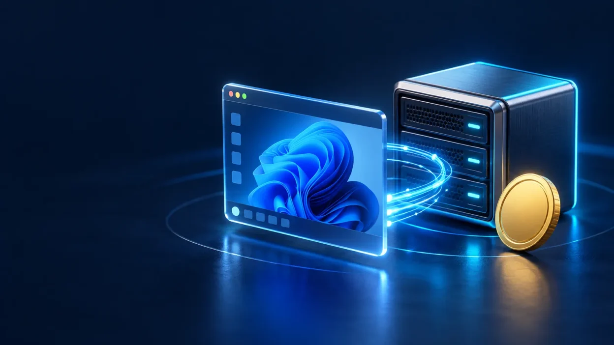 A glowing remote Windows desktop window connected to a compact server beside a gold coin on a dark blue background.
