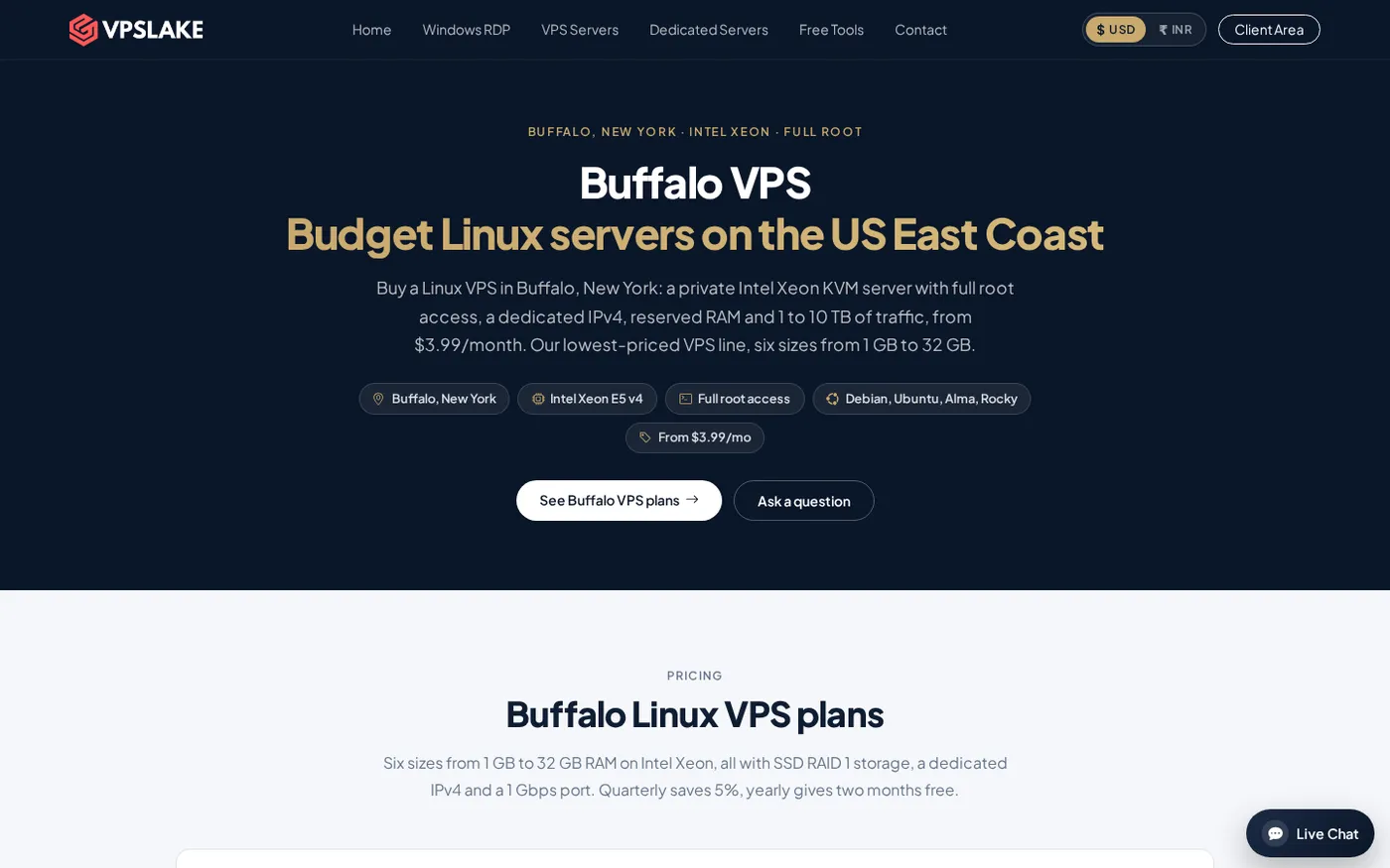 Buffalo Linux VPS plan comparison and price-check table.