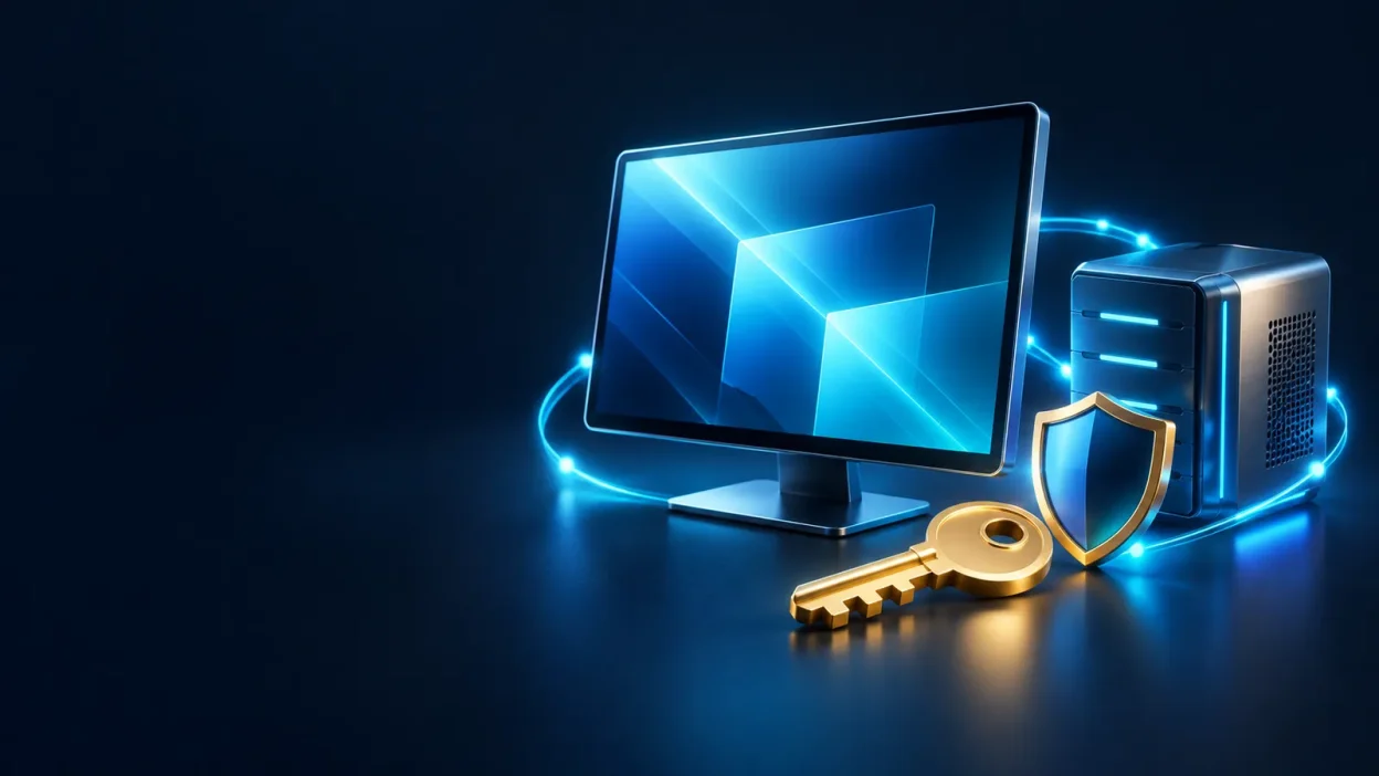 A glowing remote desktop monitor, server, key, and shield on a dark blue background.