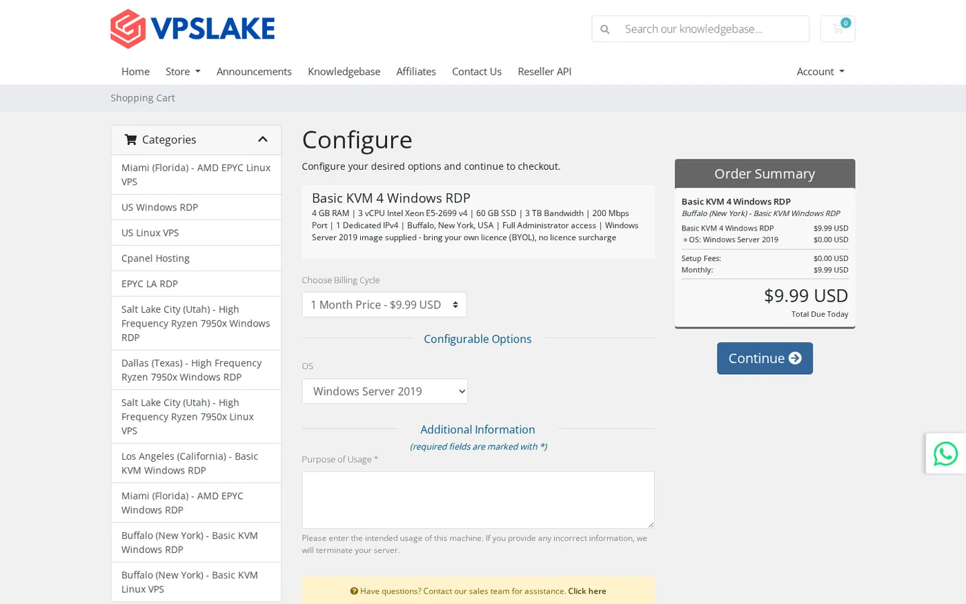 Buffalo Windows RDP checkout with OS and billing options.